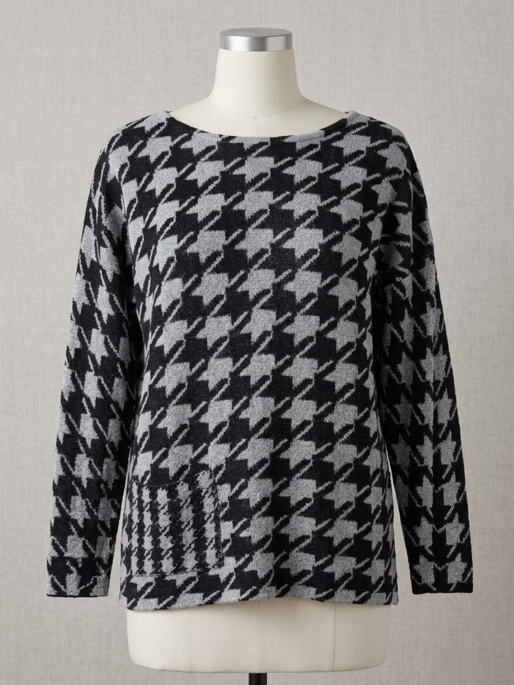 J. Jill Black Gray Houndstooth Pocket Knit Pullover Sweater Small Petite SP